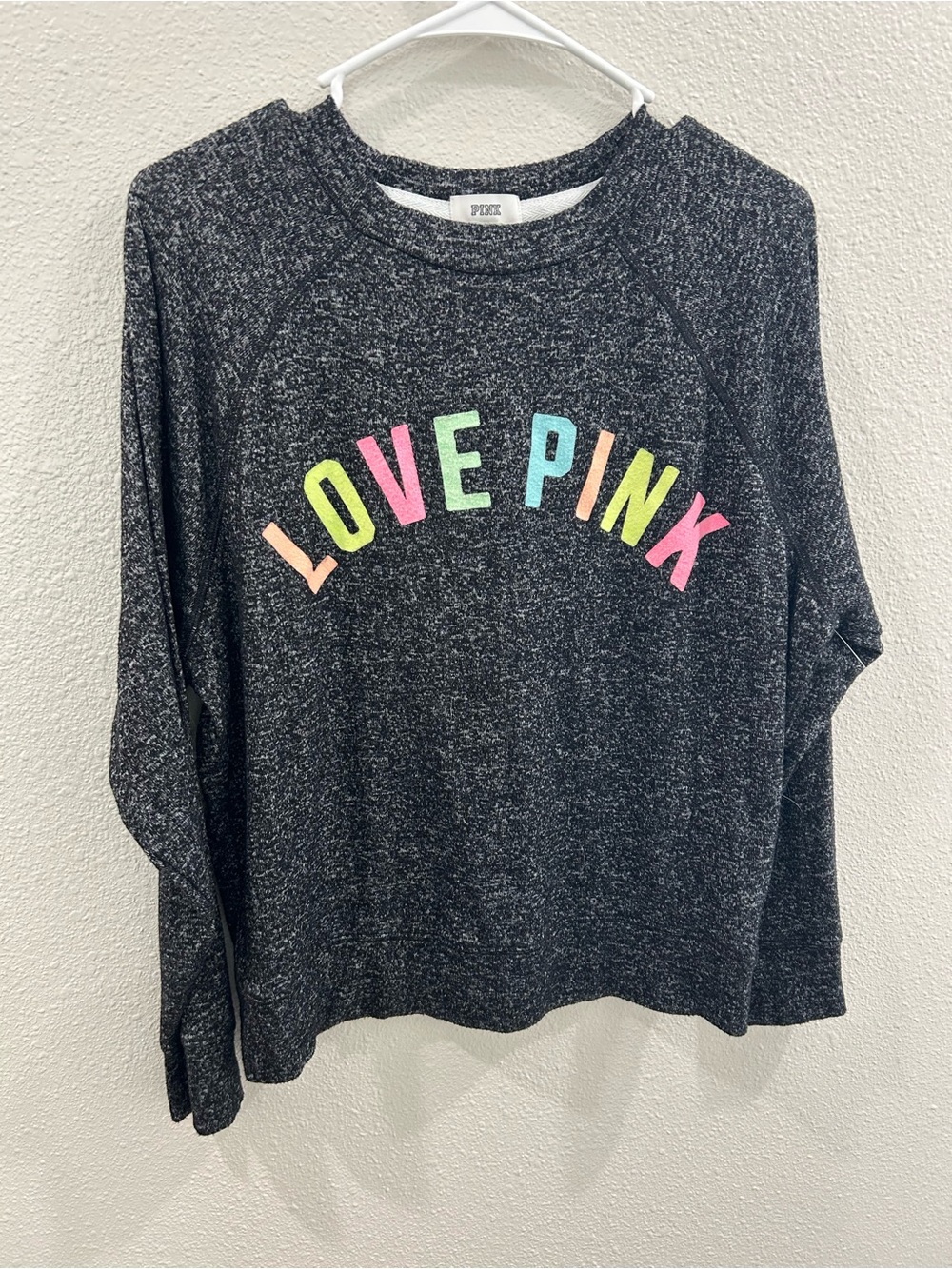 PINK Victoria's Secret Black Heather 'LOVE PINK' Crewneck Sweater